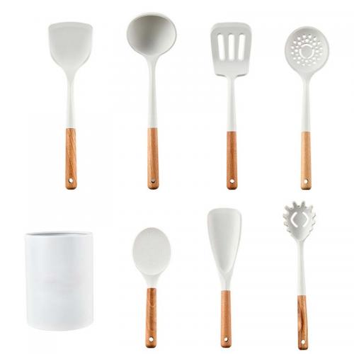 Factory Supply 12 Pcs Silicone Kitchen Utensils Set Marbled White Wooden Handle